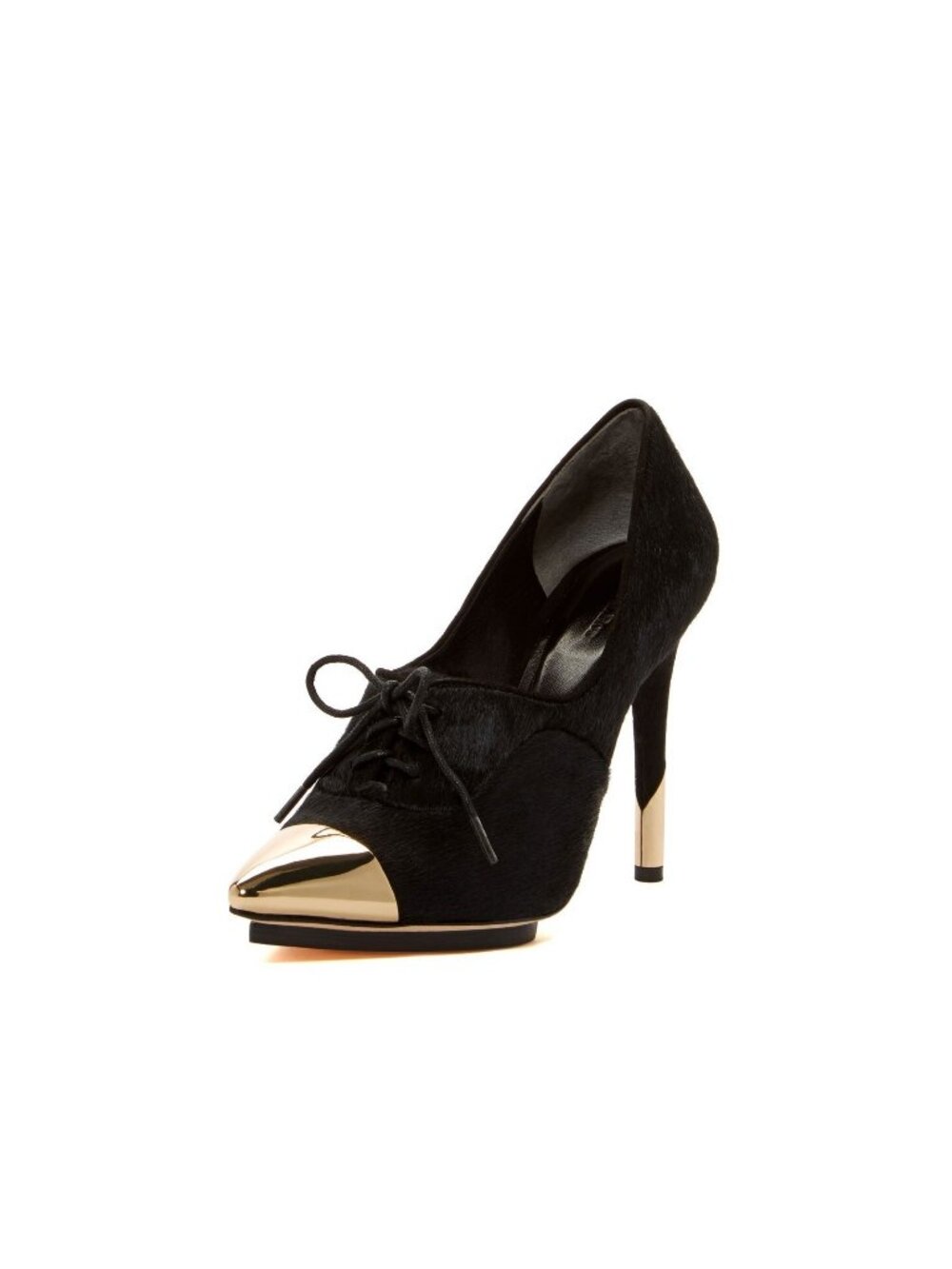 Rachel Roy Bette Heel Black Gold Metallic Pointed Haircalf Cow Fur Almond Oxford